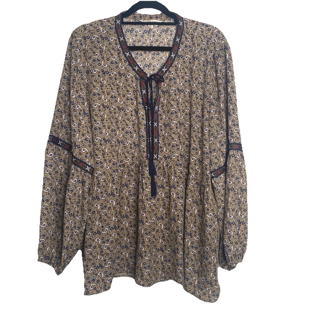 Alchemy Thread Paisley Embroidered Tassel Peasant Blouse Mustard Navy XXL Boho